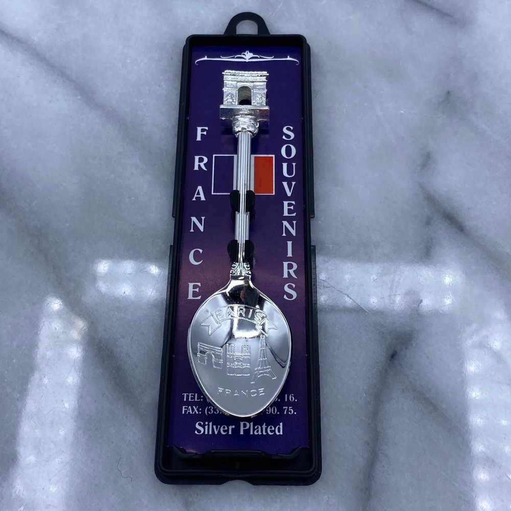 Paris France Souvenir Spoon Silver Plated Arc de Triomphe Eiffel w/Case Travel